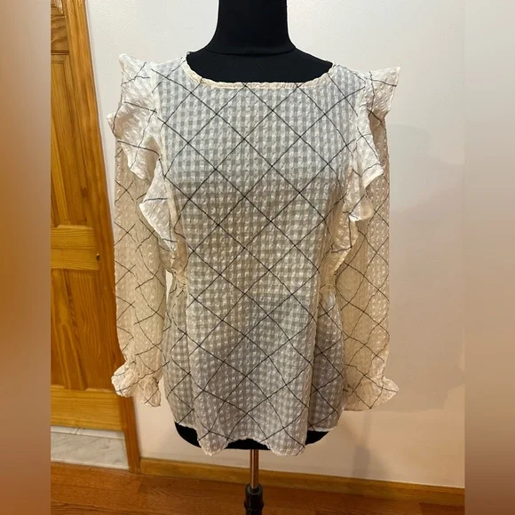 LOFT White Plaid Ruffle Sleeve Blouse Size M in excellent condition - Picture 8 of 16